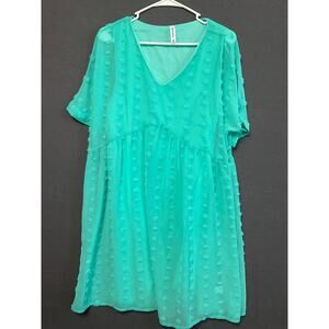 Zenana Women's Babydoll Dress Textured Polka Dot M Lined Boho Aqua Blue